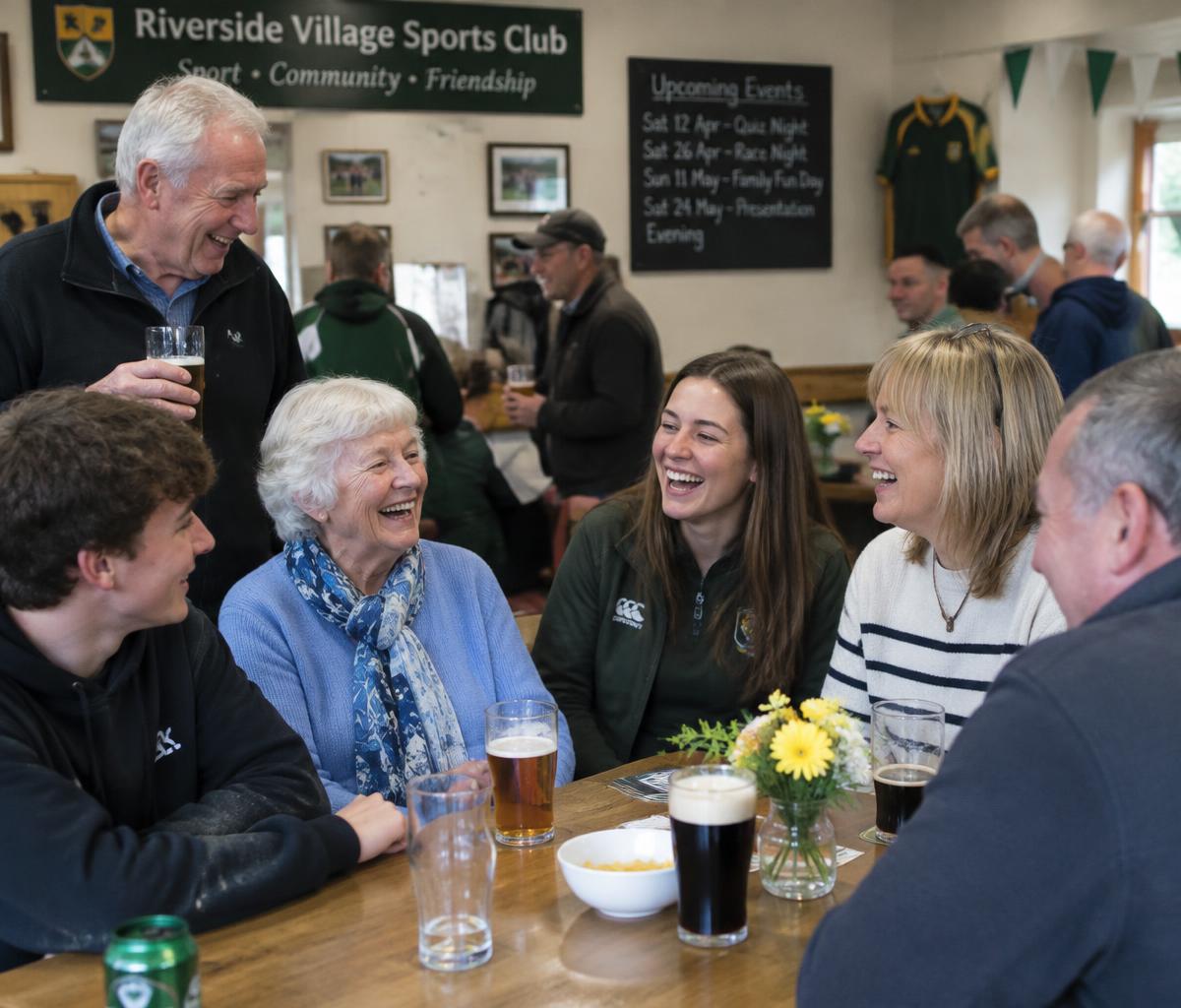 Villagers of all ages laughing together at a club social