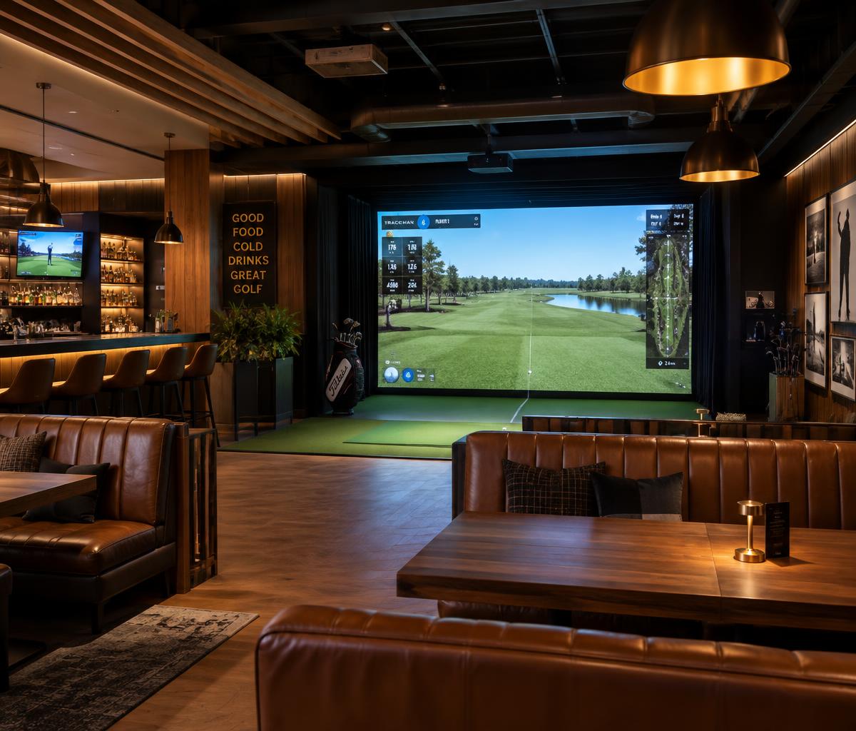 The Martello Lounge golf simulator and bar seating