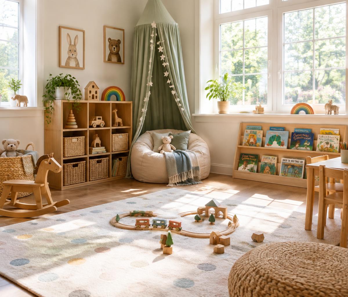 Inside Owlets Nursery, bright with wooden toys